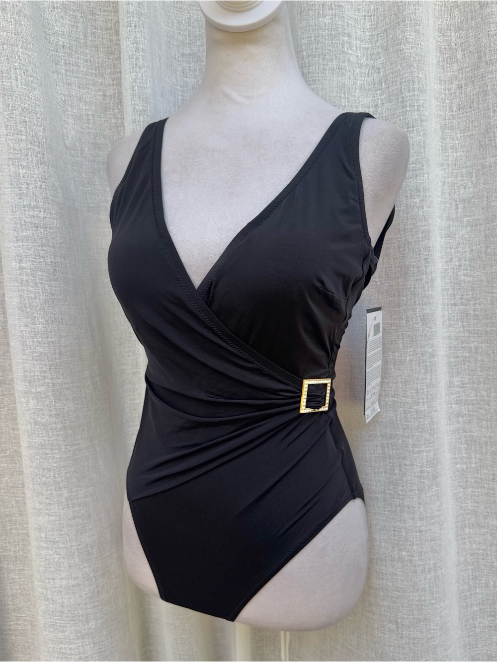 NWT Gottex one piece black padded cups draped v neck rhinestone buckle swimsuit